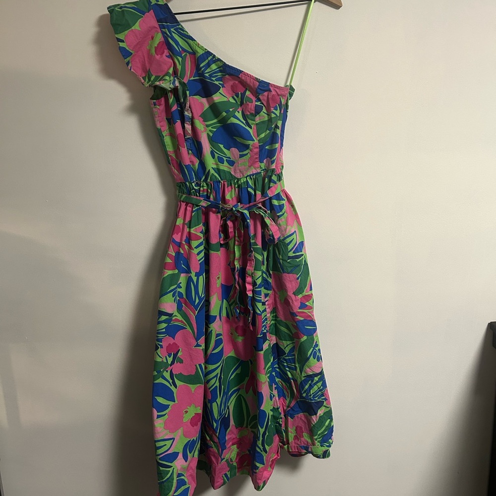J. Crew One-Shoulder Floral Midi Dress in Pink & Green